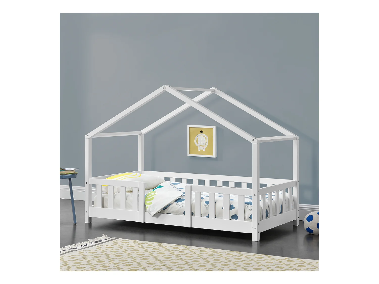 Lit d'Enfant Forme Maison avec Grille de Protection Treviolo 160 x 80 cm Blanc Mat Laqué [en.casa]