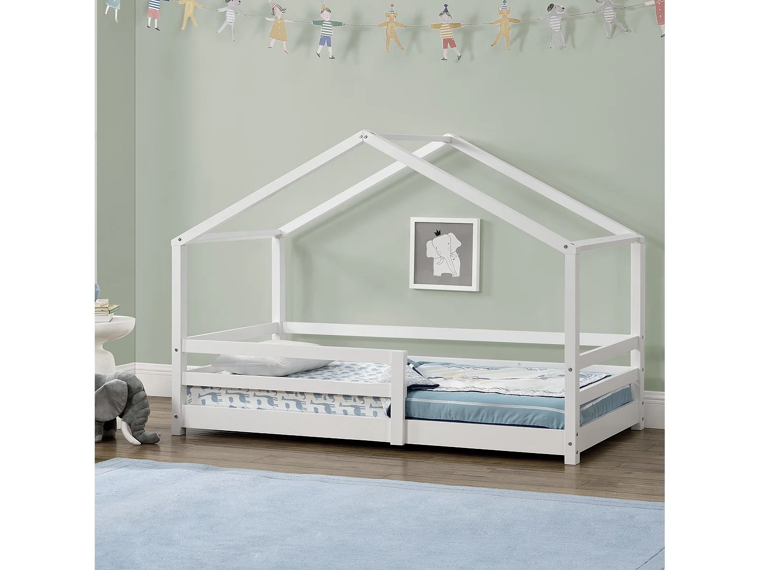 Lit d'Enfant Maison avec Barreaux de Sécurité Knätten Pin 80 x 160 cm Blanc Mat Laqué [en.casa]