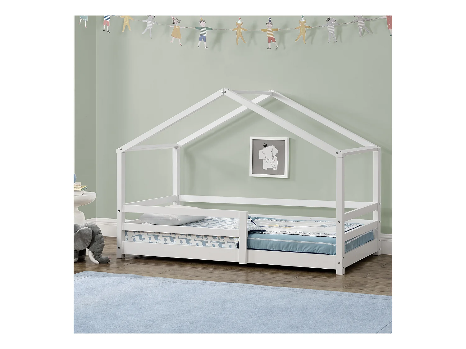 Lit d'Enfant Maison avec Barreaux de Sécurité Knätten Pin 80 x 160 cm Blanc Mat Laqué [en.casa]