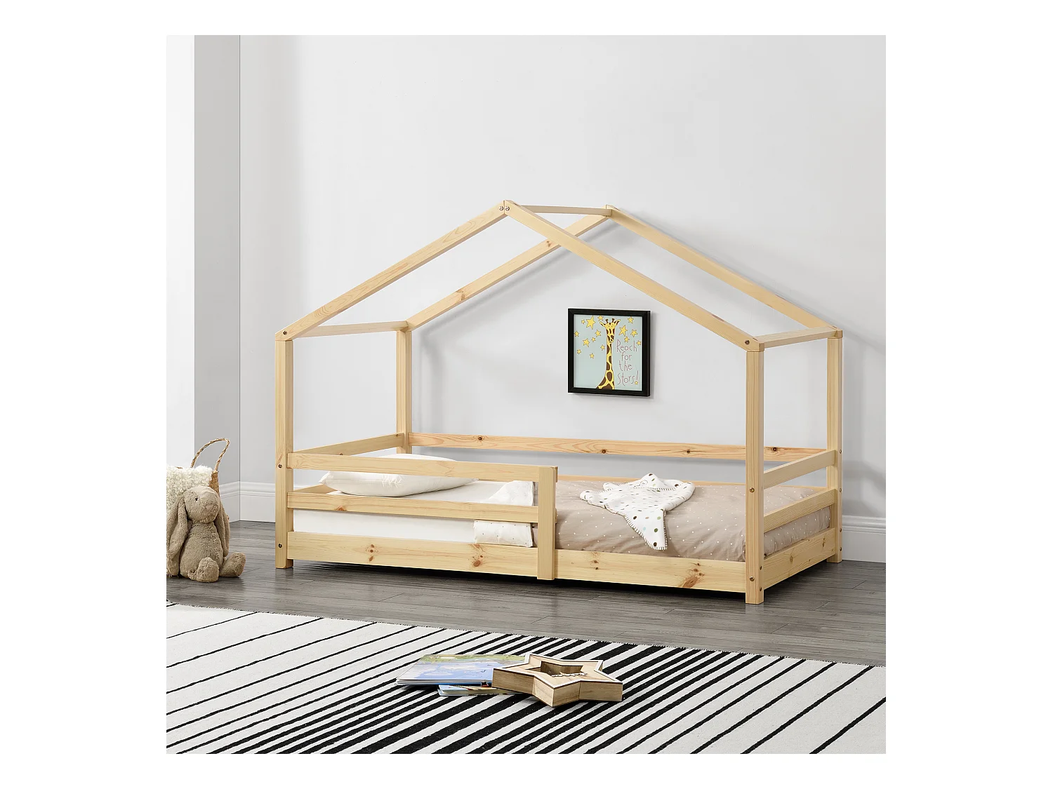 Lit d'Enfant Maison avec Barreaux de Sécurité Knätten Pin 80 x 160 cm Bois Naturel [en.casa]