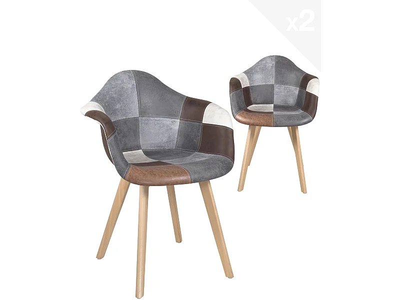 Lot de 2 chaises scandinaves patchwork, accoudoirs, rembourrées, pieds hêtre clair NEDA (marron)