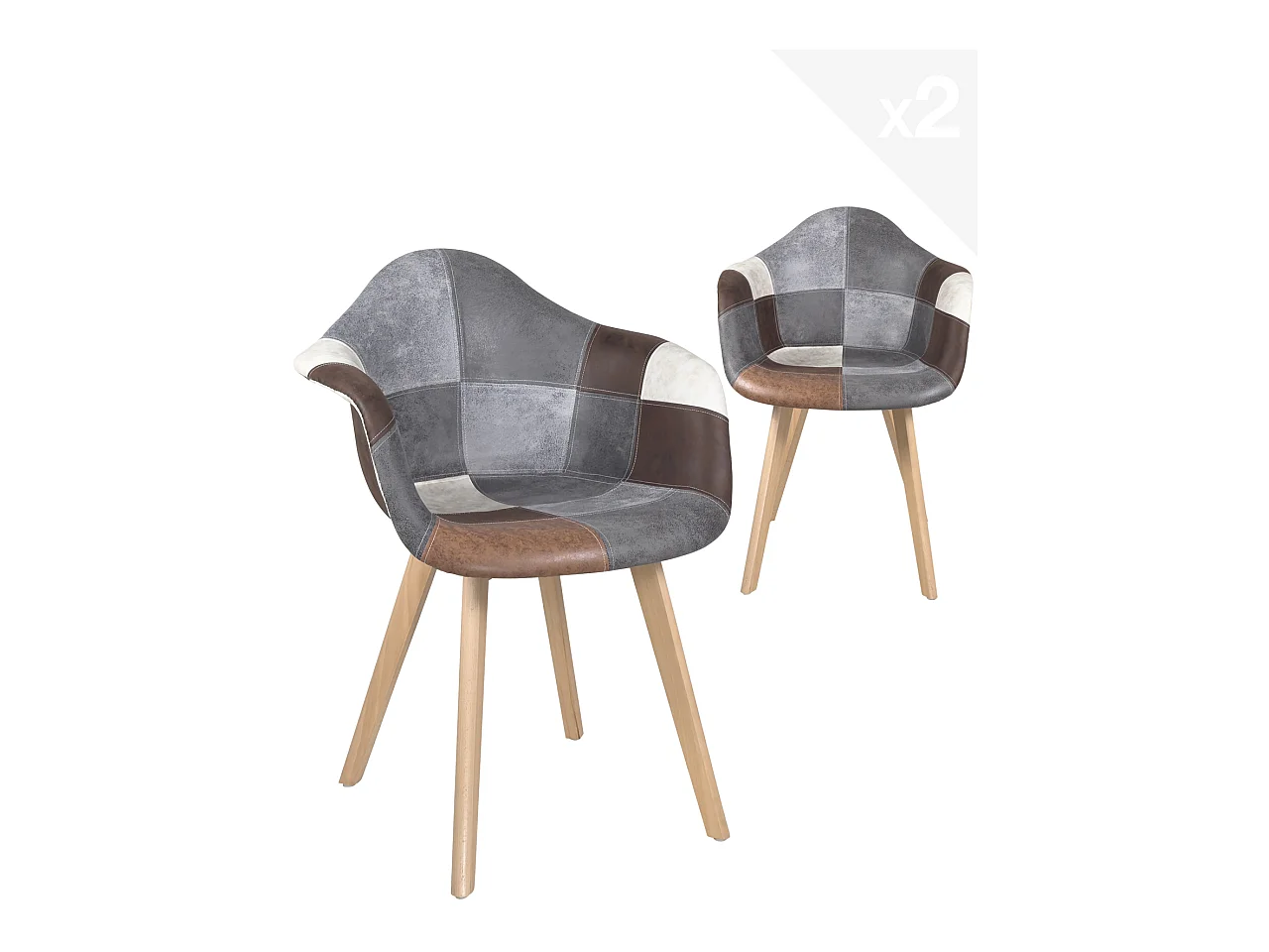 Lot 2 chaises scandinaves accoudoir siège patchwork rembourré pieds bois clair NEDA (marron)