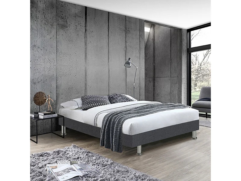 Sommier tapissier 140x190 cm en tissu gris foncé pieds métal - REMIMOS