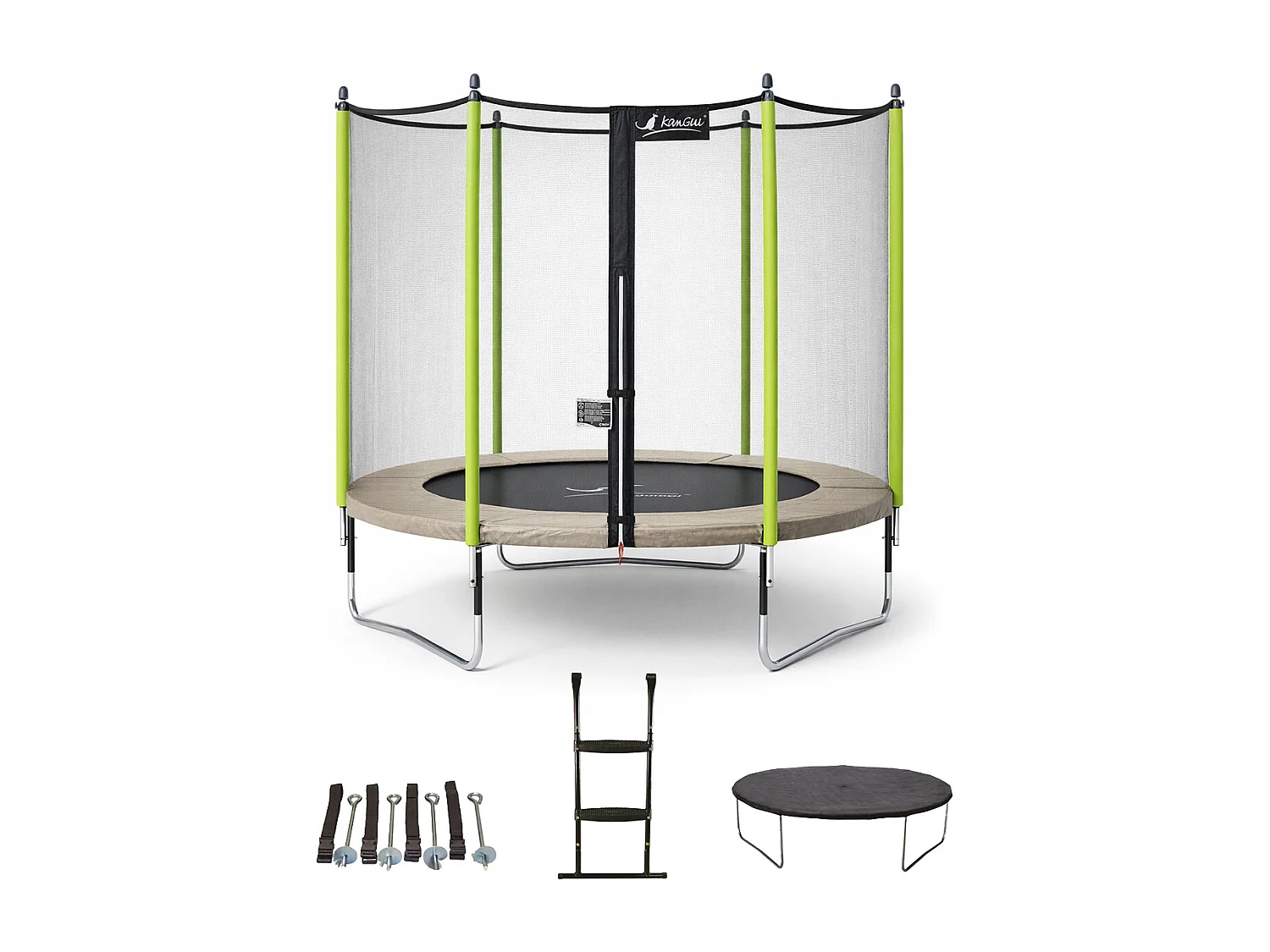 Kangui - Trampoline de jardin 244 cm + filet de sécurité + échelle + bâche de protection + kit d'ancrage JUMPI Taupe/Vert 250