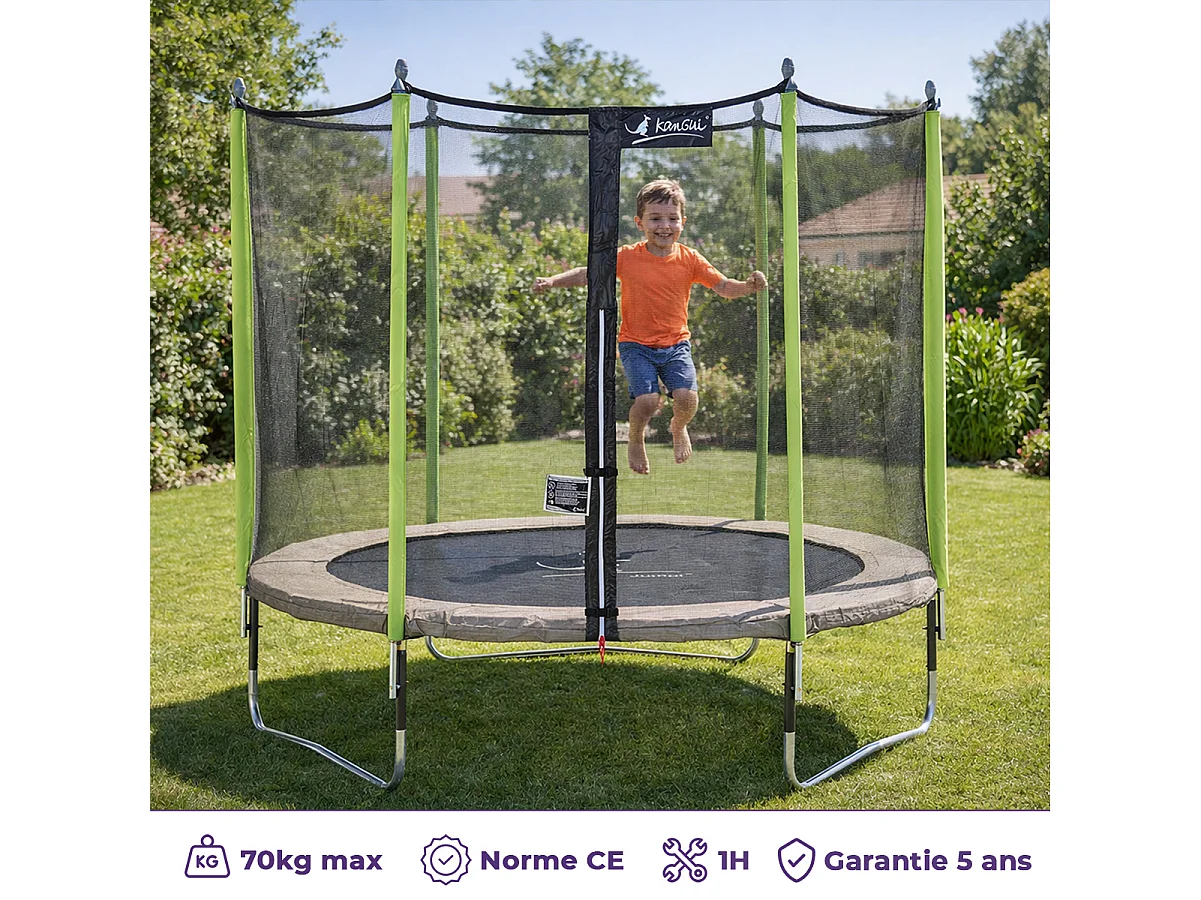 Kangui - Trampoline de jardin 244 cm + filet de sécurité + échelle + bâche de protection + kit d'ancrage JUMPI Taupe/Vert 250
