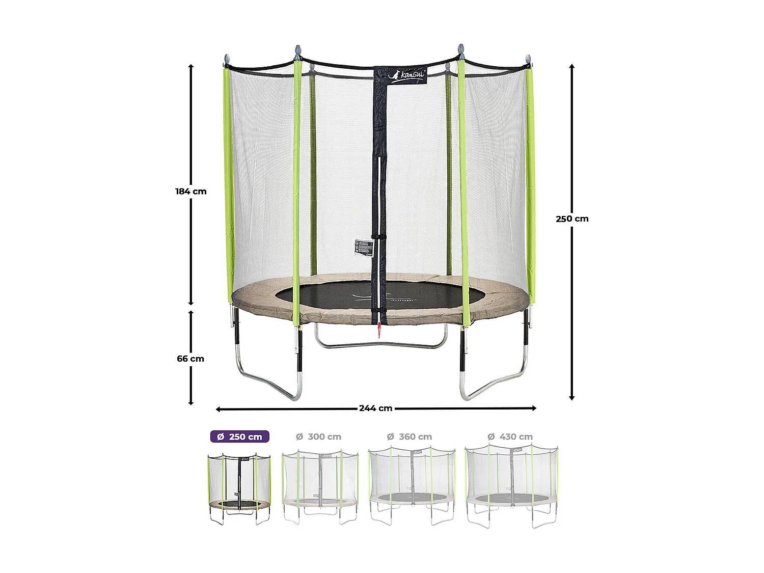 Kangui - Trampoline de jardin 244 cm + filet de sécurité + échelle + bâche de protection + kit d'ancrage JUMPI Taupe/Vert 250