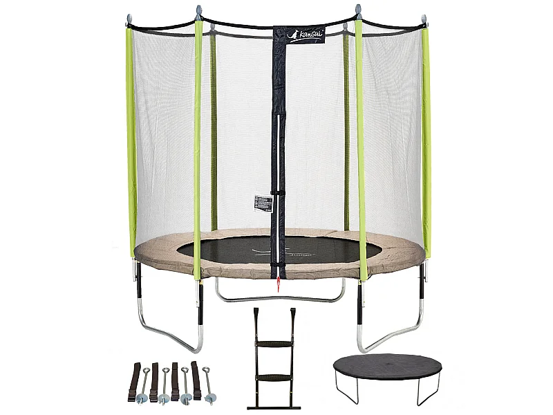 Kangui - Trampoline de jardin 244 cm + filet de sécurité + échelle + bâche de protection + kit d'ancrage JUMPI Taupe/Vert 250