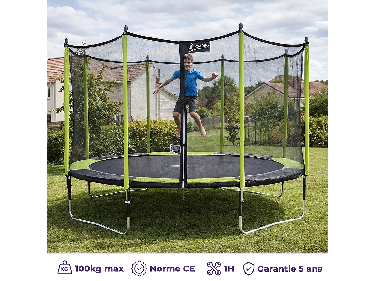Kangui - Trampoline de jardin 426 cm + filet de sécurité + échelle  JUMPI Vert/Noir 430