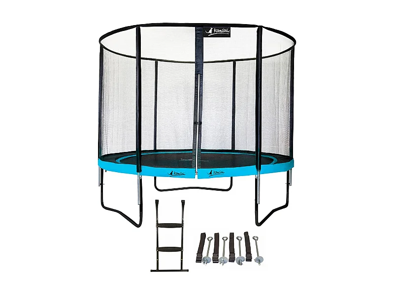 Kangui - Trampoline de jardin rond 305 cm + filet de sécurité + échelle + kit ancrage | PUNCHI Bleu 300
