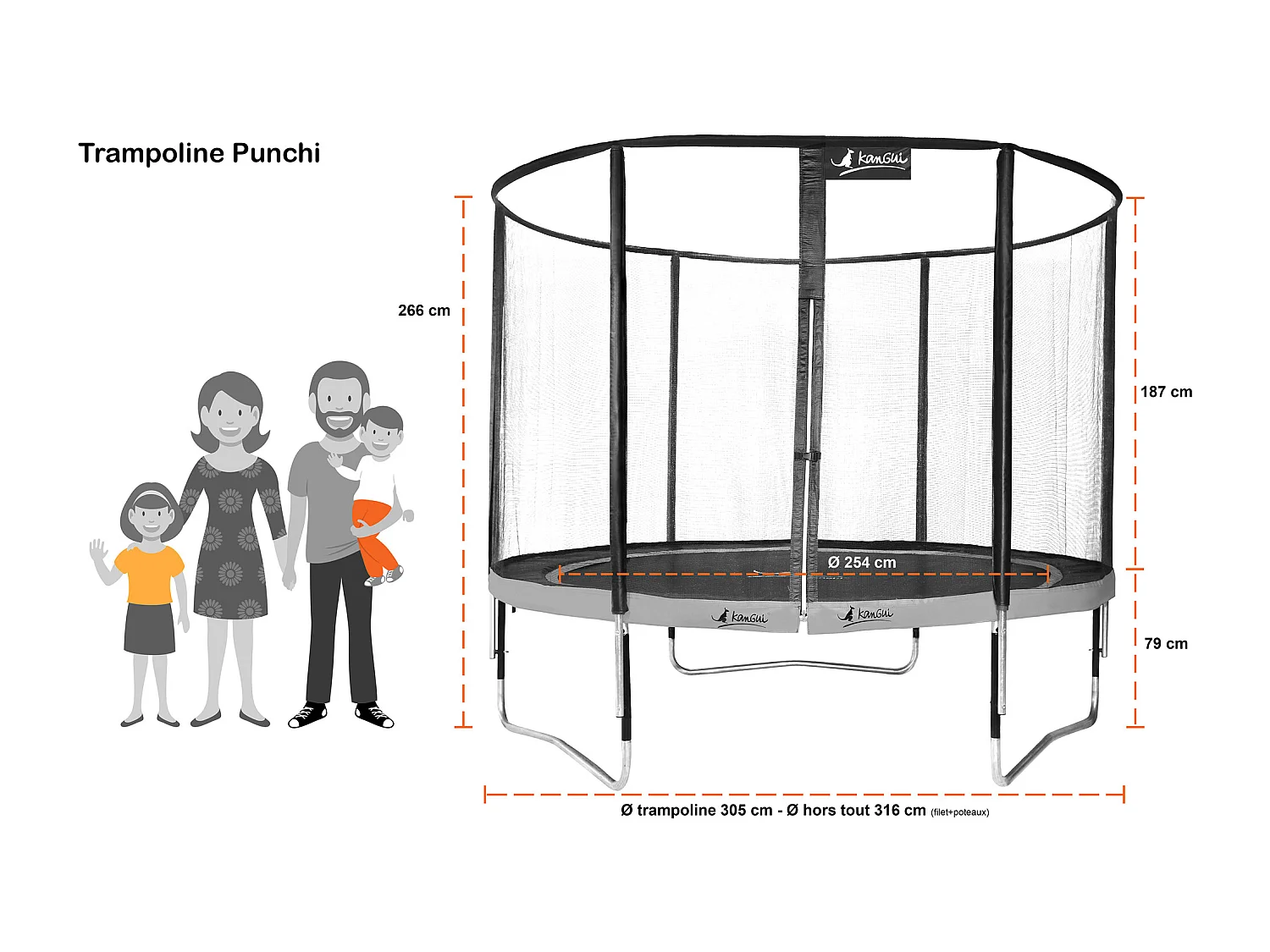 Kangui - Trampoline de jardin rond 305 cm + filet de sécurité + échelle + kit ancrage | PUNCHI Bleu 300
