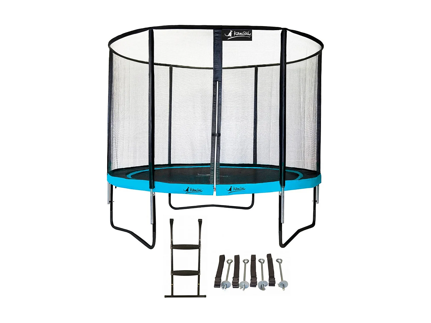Kangui - Trampoline de jardin rond 305 cm + filet de sécurité + échelle + kit ancrage | PUNCHI Bleu 300