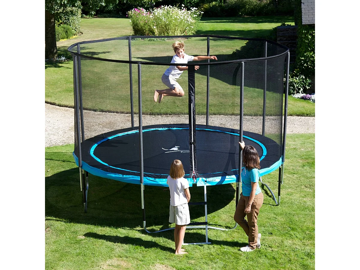 Kangui - Trampoline de jardin rond 305 cm + filet de sécurité + échelle + kit ancrage | PUNCHI Bleu 300
