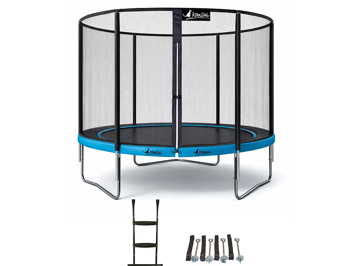 KANGUI Trampoline de jardin rond 305 cm + filet de sécurité + échelle + kit ancrage - PUNCHI Bleu 300