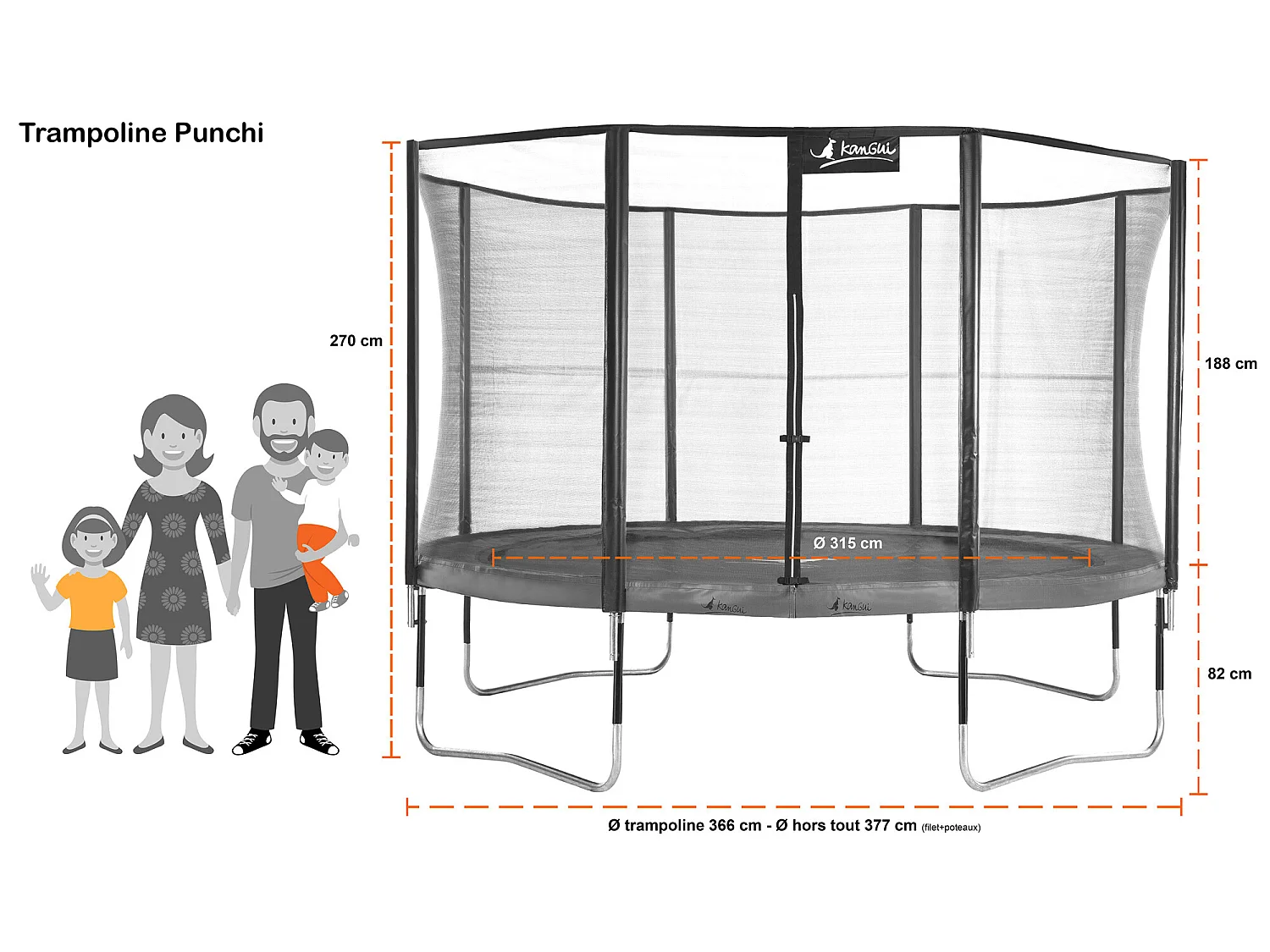 Kangui - Trampoline de jardin 365 cm + filet de sécurité + échelle + bâche de protection | PUNCHI Vert 360