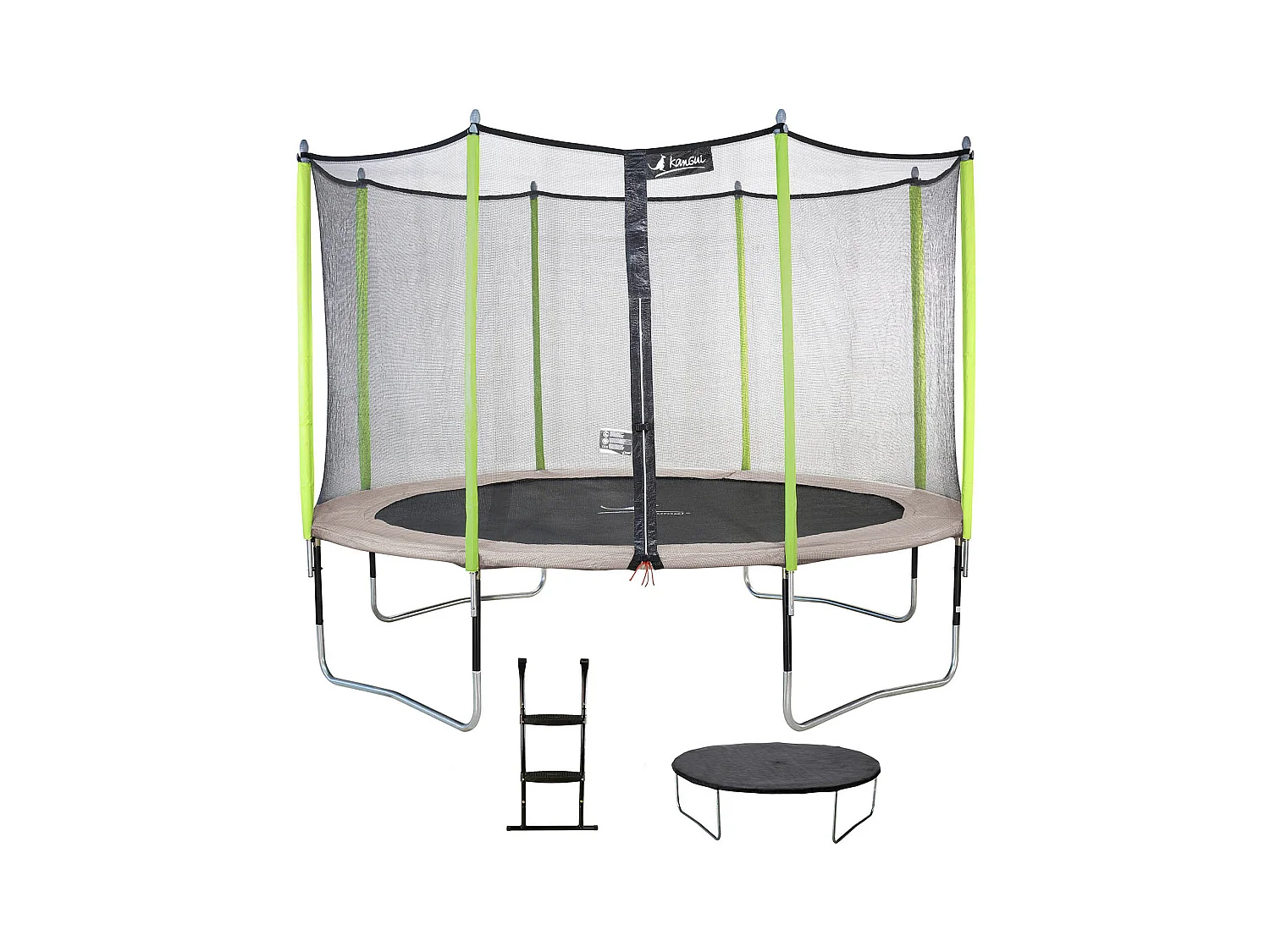 Kangui - Trampoline de jardin 365 cm + filet de sécurité + échelle + bâche de protection  JUMPI Taupe/Vert 360.