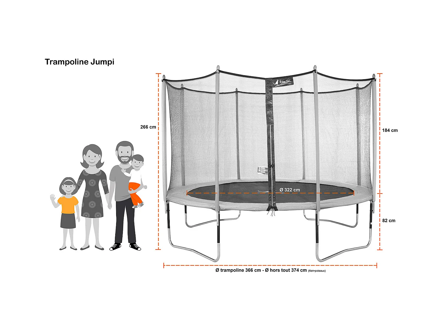 Kangui - Trampoline de jardin 365 cm + filet de sécurité + échelle + bâche de protection  JUMPI Taupe/Vert 360.