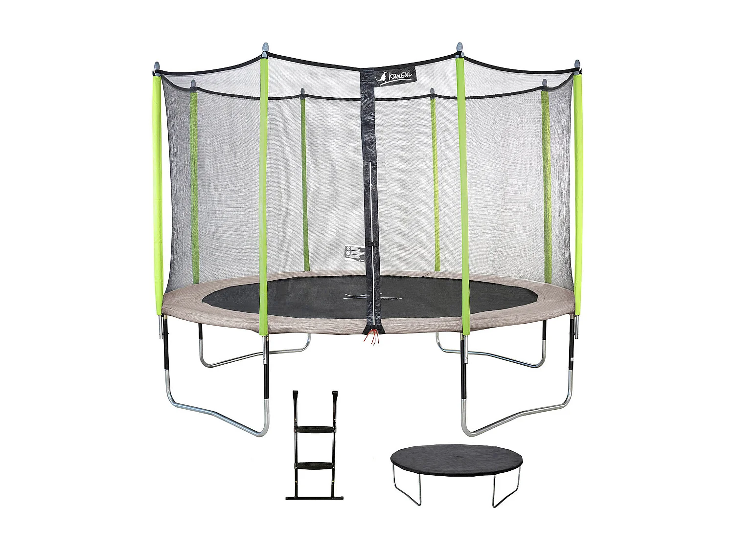 Kangui - Trampoline de jardin 365 cm + filet de sécurité + échelle + bâche de protection  JUMPI Taupe/Vert 360.