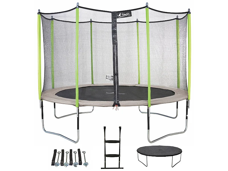 Kangui - Trampoline de jardin 426 cm + filet + échelle + bâche + kit d'ancrage JUMPI Taupe/Vert