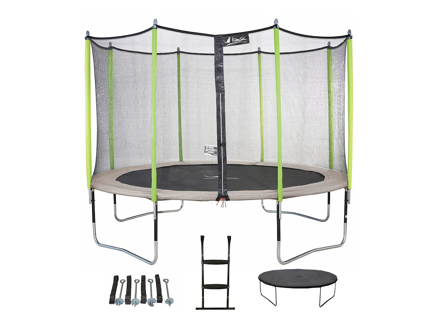 Kangui - Trampoline de jardin 426 cm + filet + échelle + bâche + kit d'ancrage JUMPI Taupe/Vert