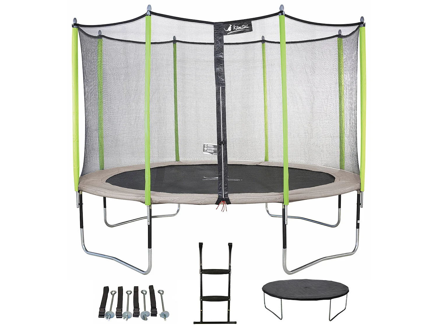 Kangui - Trampoline de jardin 365 cm + filet + échelle + bâche + kit d'ancrage  JUMPI Taupe/Vert