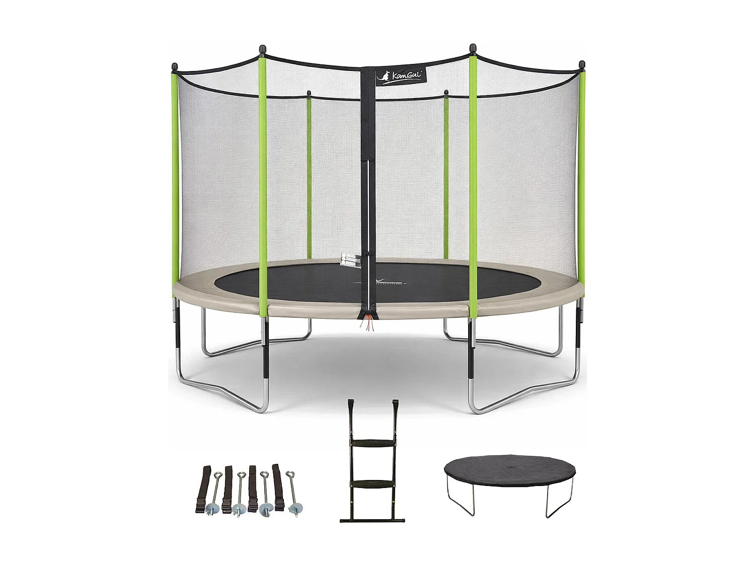 Kangui - Trampoline de jardin 365 cm + filet + échelle + bâche + kit d'ancrage  JUMPI Taupe/Vert