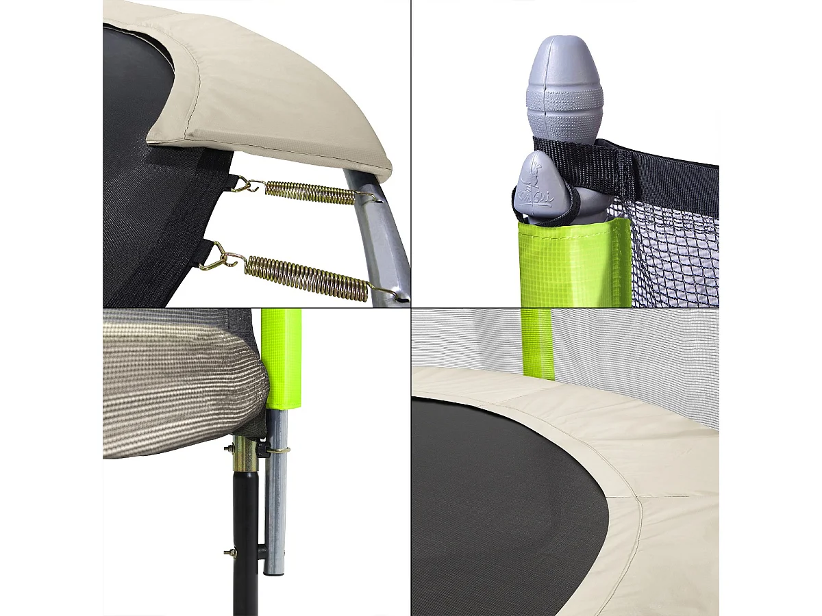 Kangui - Trampoline de jardin 365 cm + filet + échelle + bâche + kit d'ancrage  JUMPI Taupe/Vert