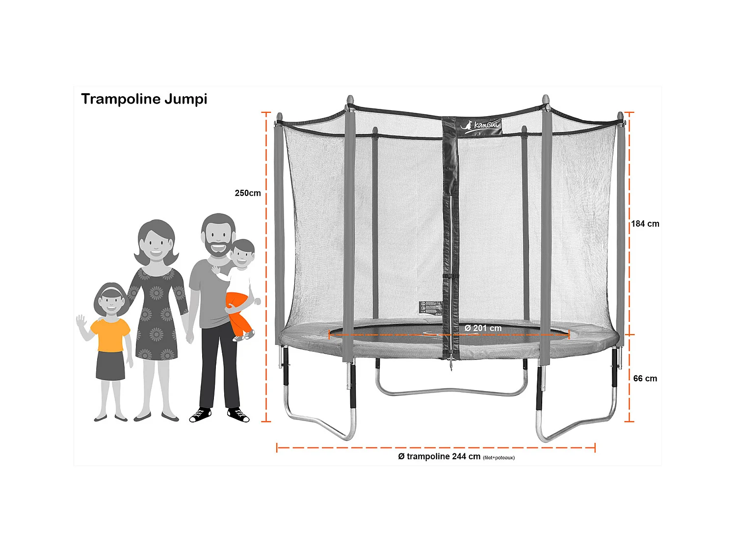 Kangui - Trampoline de jardin 244 cm + filet de sécurité JUMPI Taupe/Vert 250
