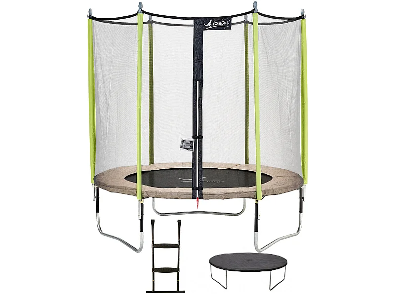 Kangui - Trampoline de jardin 244 cm + filet de sécurité + échelle + bâche de protection JUMPI Taupe/Vert 250