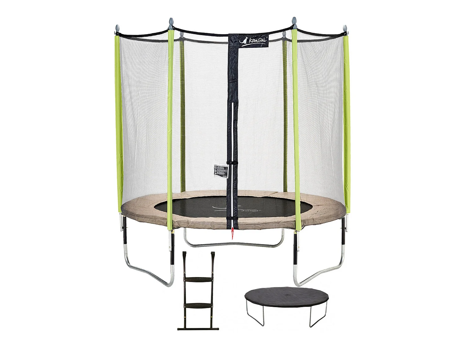 Kangui - Trampoline de jardin 244 cm + filet de sécurité + échelle + bâche de protection JUMPI Taupe/Vert 250