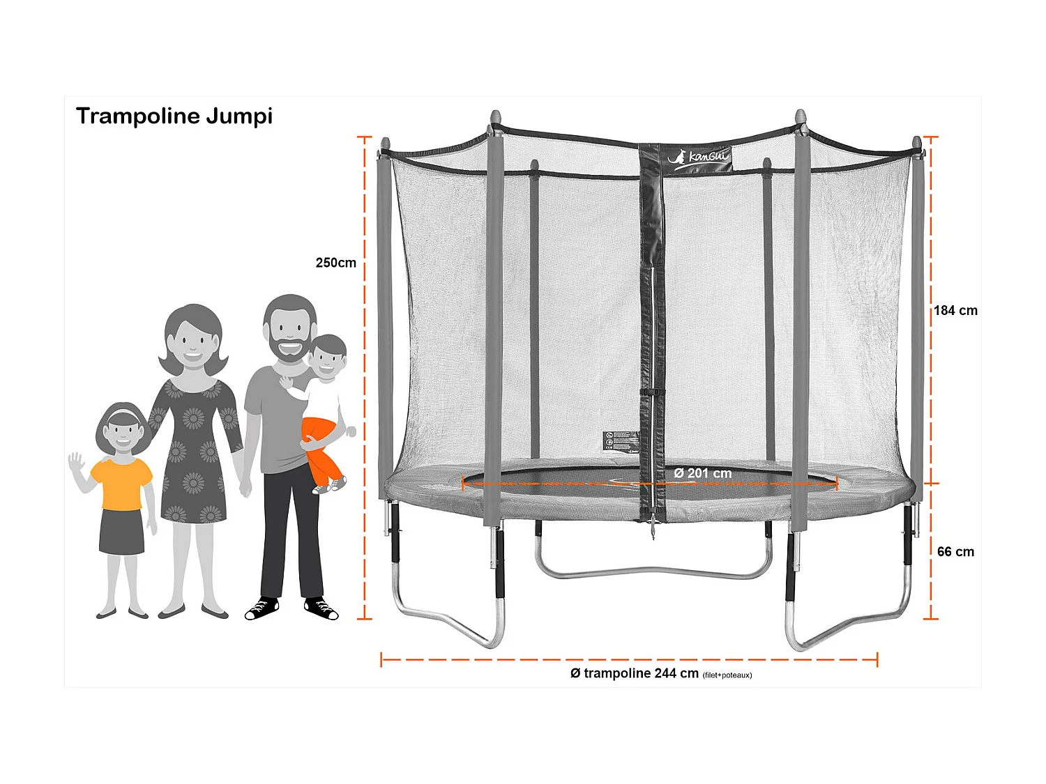 KANGUI Trampoline de jardin 244 cm + filet de sécurité + échelle + bâche de protection JUMPI Taupe/Vert 250