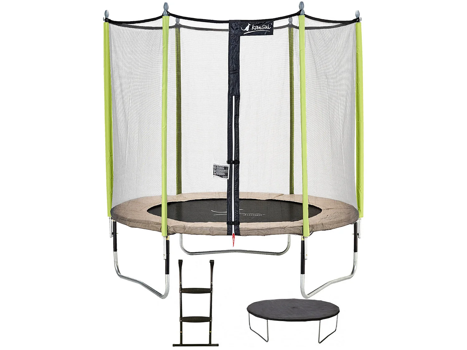 Kangui - Trampoline de jardin 244 cm + filet de sécurité + échelle + bâche de protection JUMPI Taupe/Vert 250