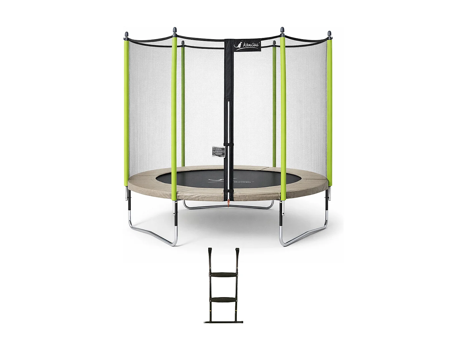 Kangui - Trampoline de jardin 305 cm + filet de sécurité + échelle  JUMPI Taupe/Vert 300. Trampoline certifié par le CRITT sport & loisirs