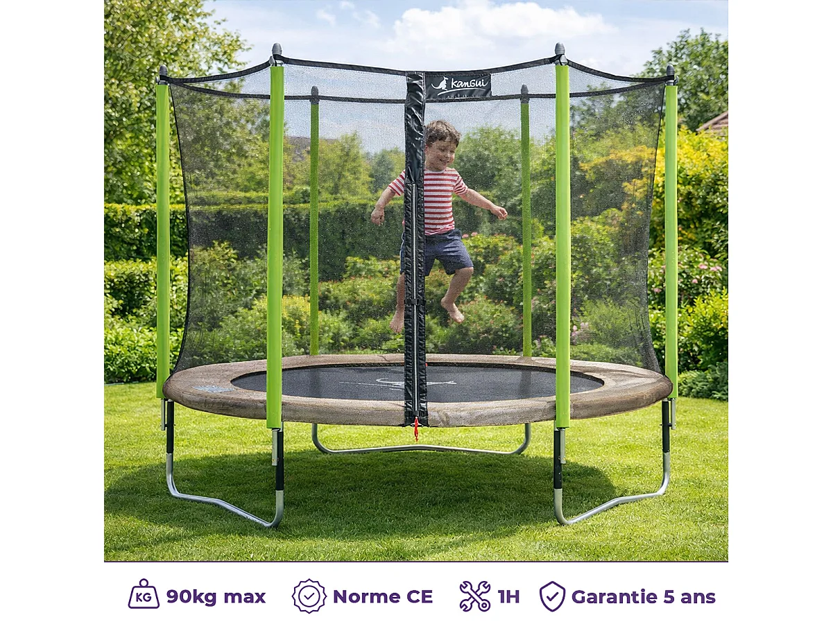 Kangui - Trampoline de jardin 305 cm + filet de sécurité + échelle  JUMPI Taupe/Vert 300. Trampoline certifié par le CRITT sport & loisirs
