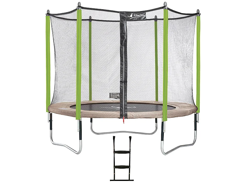 Kangui - Trampoline de jardin 305 cm + filet de sécurité + échelle  JUMPI Taupe/Vert 300. Trampoline certifié par le CRITT sport & loisirs