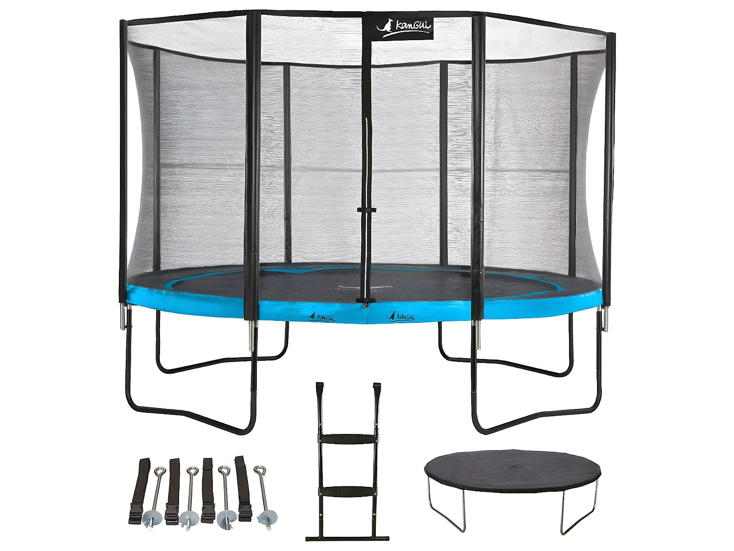 Kangui - Trampoline de jardin rond 430 cm + filet de sécurité + échelle + bâche de protection + kit ancrage