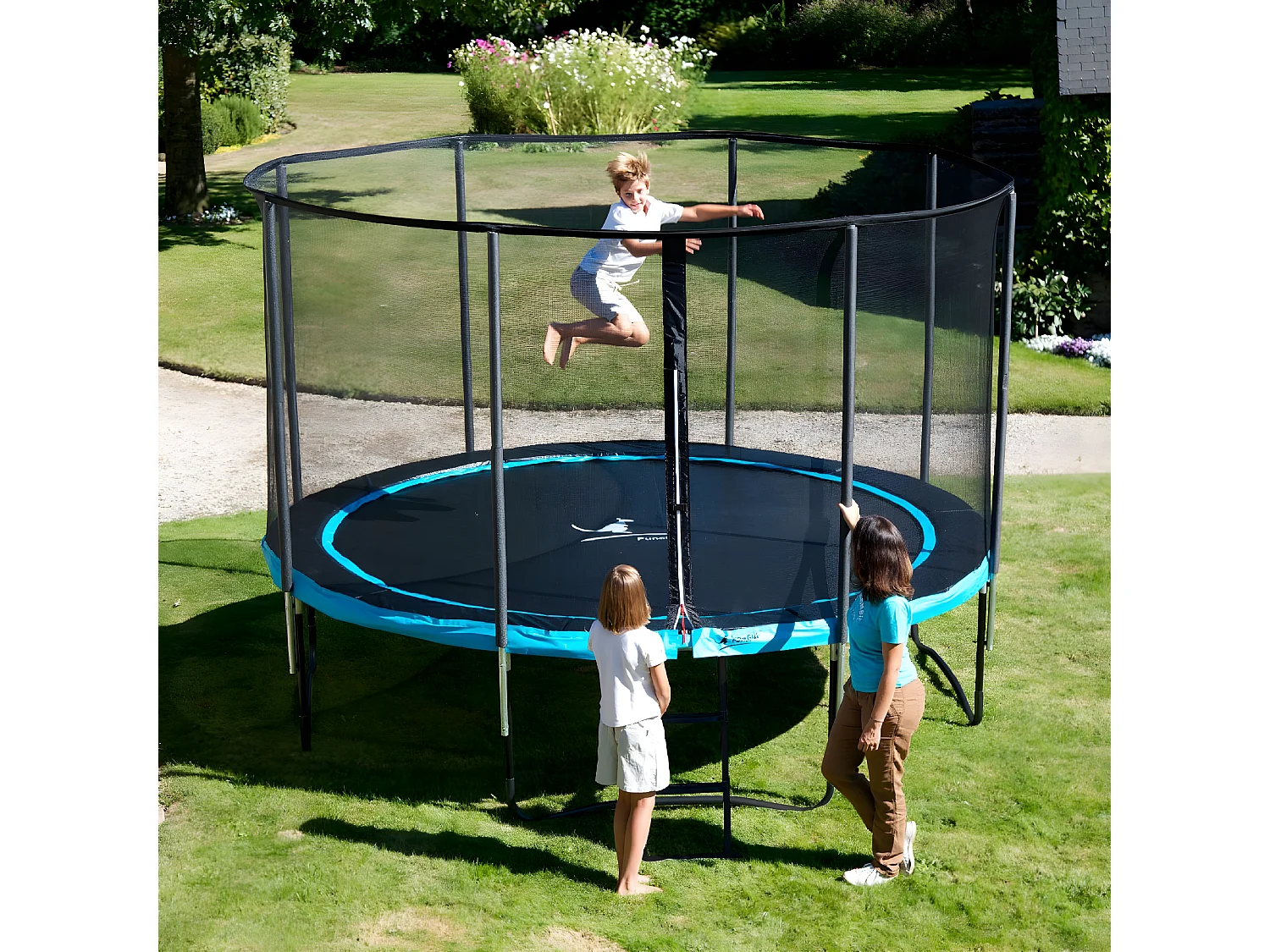 Kangui - Trampoline de jardin rond 430 cm + filet de sécurité + échelle | PUNCHI Bleu 430