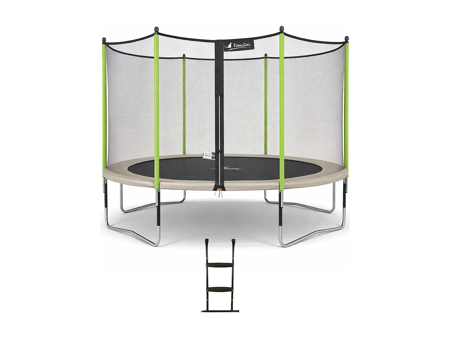 Kangui - Trampoline de jardin 365 cm + filet de sécurité + échelle  JUMPI Taupe/Vert 360. Trampoline certifié par le CRITT sport & loisirs