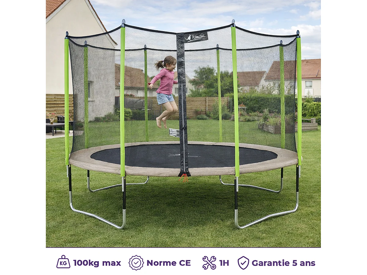 Kangui - Trampoline de jardin 365 cm + filet de sécurité + échelle  JUMPI Taupe/Vert 360. Trampoline certifié par le CRITT sport & loisirs