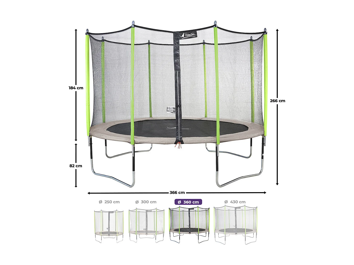 Kangui - Trampoline de jardin 365 cm + filet de sécurité + échelle  JUMPI Taupe/Vert 360. Trampoline certifié par le CRITT sport & loisirs