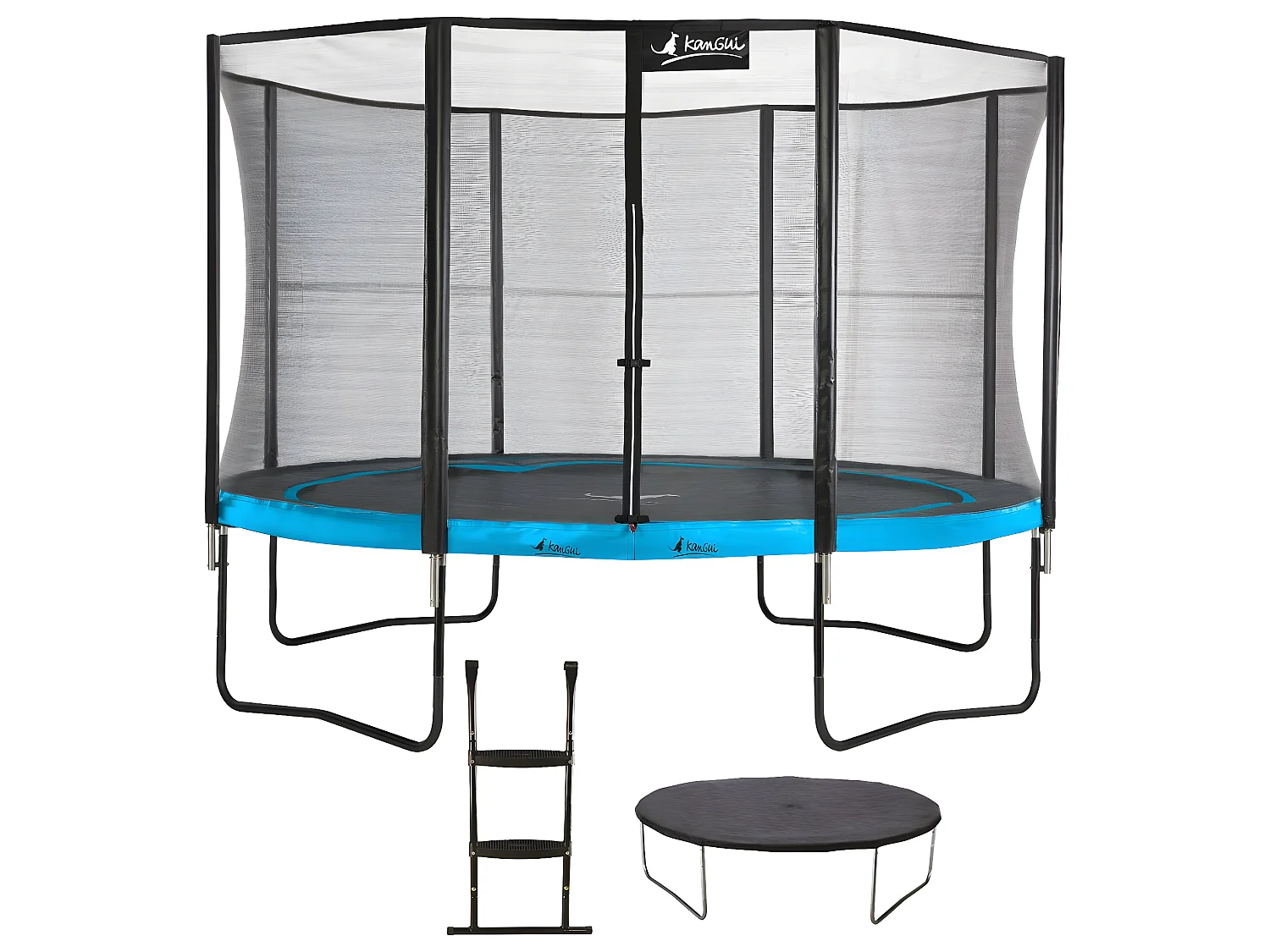 Kangui - Trampoline de jardin rond 430 cm + filet de sécurité + échelle + bâche de protection | PUNCHI Bleu 430