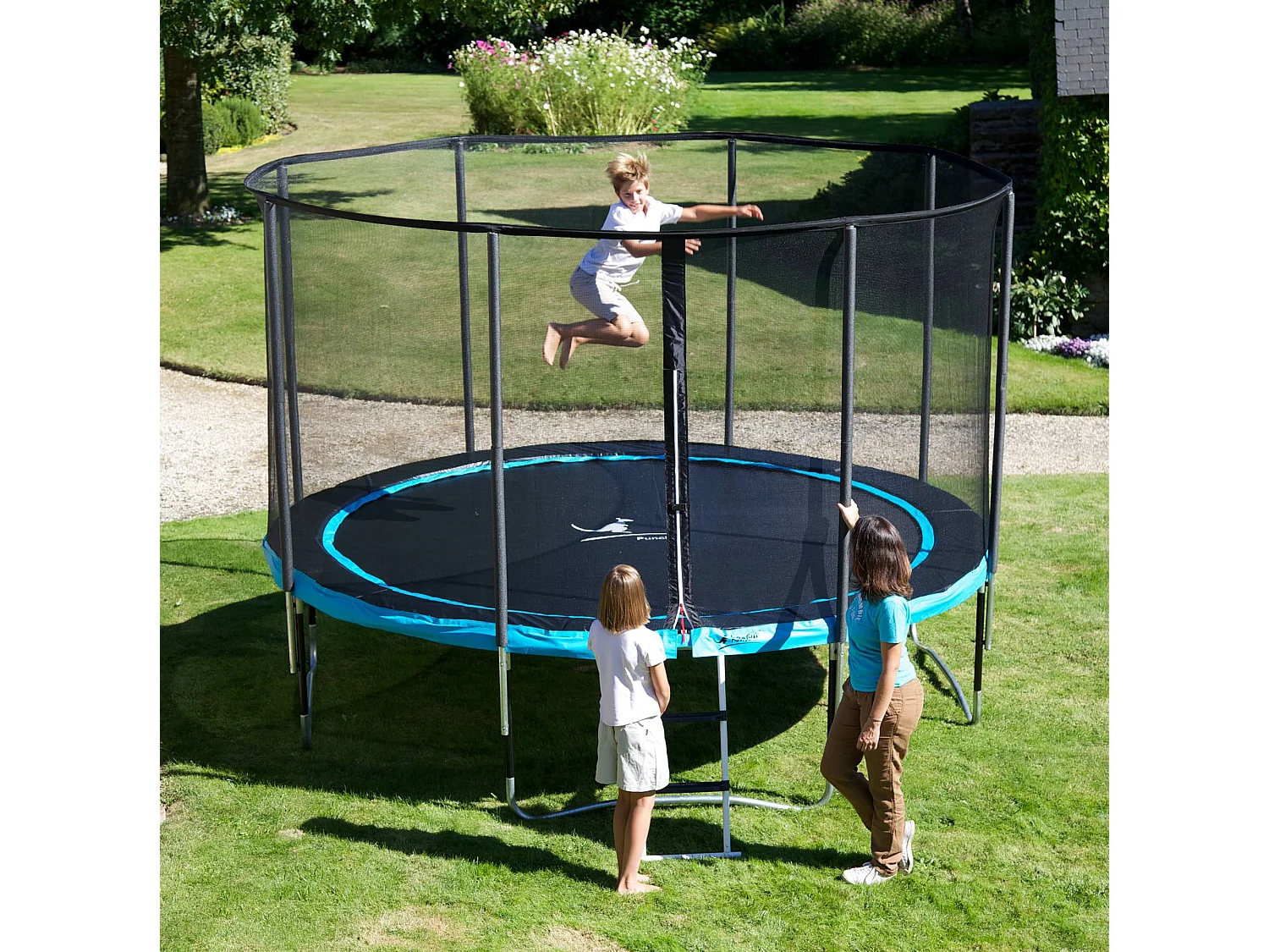 Kangui - Trampoline de jardin rond 430 cm + filet de sécurité + échelle + bâche de protection | PUNCHI Bleu 430