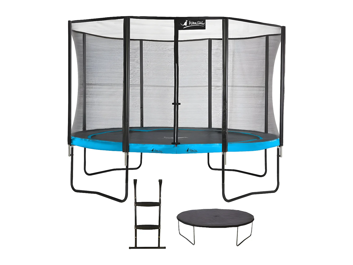 Kangui - Trampoline de jardin rond 430 cm + filet de sécurité + échelle + bâche de protection | PUNCHI Bleu 430