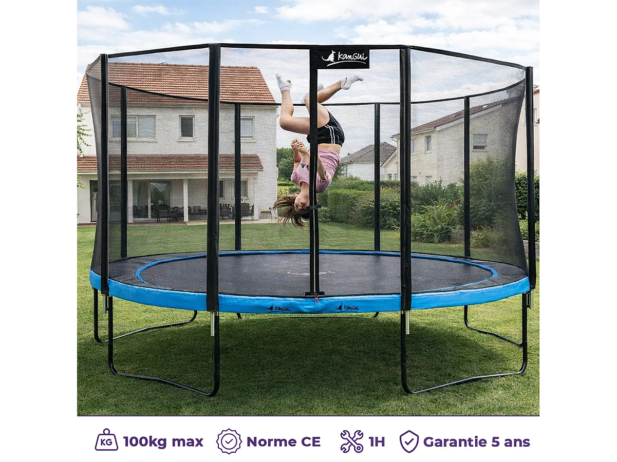 KANGUI Trampoline de jardin rond 430 cm + filet de sécurité + échelle + bâche de protection - PUNCHI Bleu 430