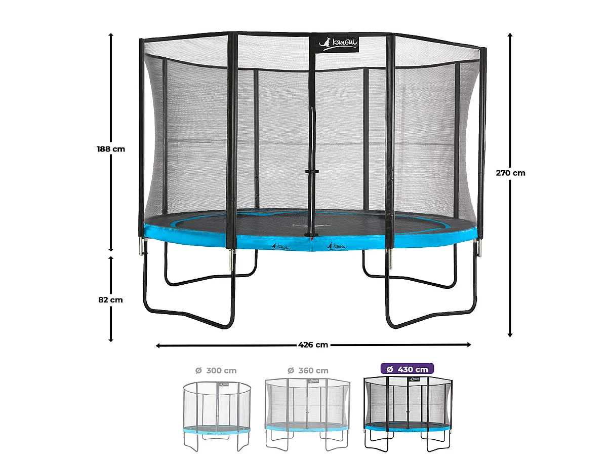 KANGUI Trampoline de jardin rond 430 cm + filet de sécurité + échelle + bâche de protection - PUNCHI Bleu 430
