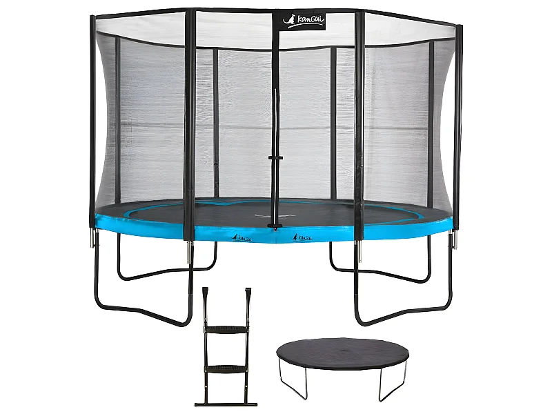 Kangui - Trampoline de jardin rond 430 cm + filet de sécurité + échelle + bâche de protection | PUNCHI Bleu 430