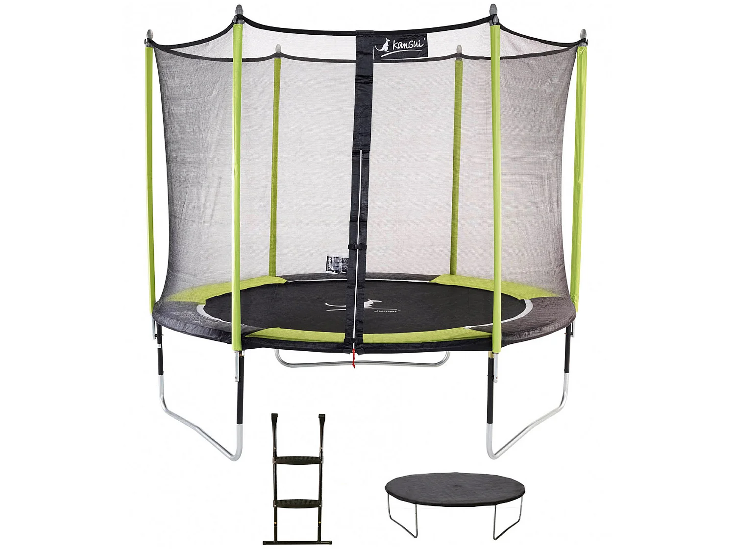 Trampoline de jardin 305 cm + filet de sécurité + échelle + bâche de protection JUMPI Vert/Noir 300