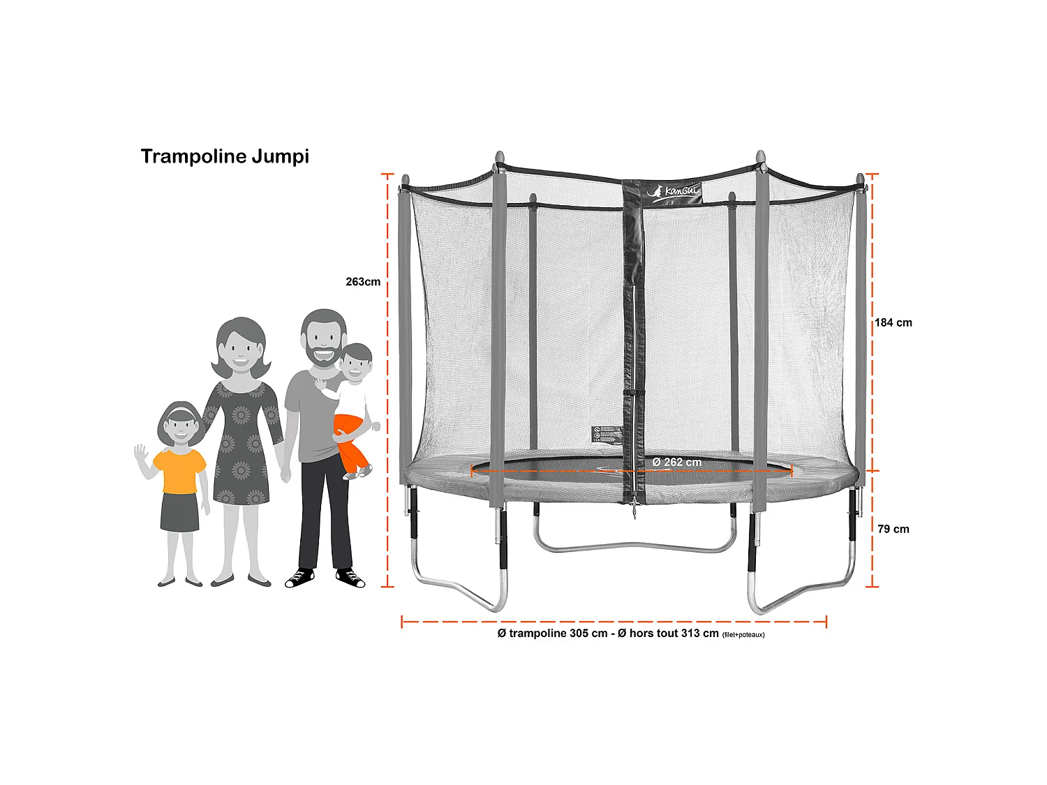 Trampoline de jardin 305 cm + filet de sécurité + échelle + bâche de protection JUMPI Vert/Noir 300
