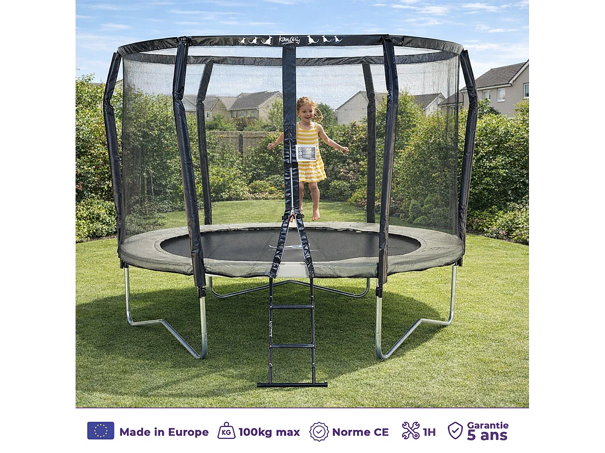 KANGUI Trampoline de jardin rond Ø300cm avec filet de sécurité + échelle - Fabrication européenne - Famili 300