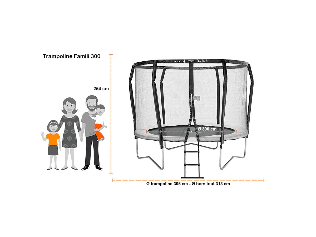 Kangui - Trampoline de jardin rond Ø300cm avec filet de sécurité + échelle - Fabrication européenne - Famili 300