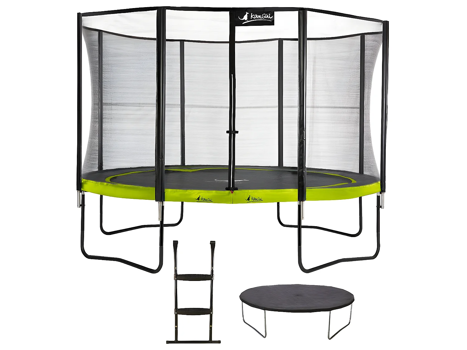 Kangui - Trampoline de jardin rond 430 cm + filet de sécurité + échelle + bâche de protection | PUNCHI Vert 430